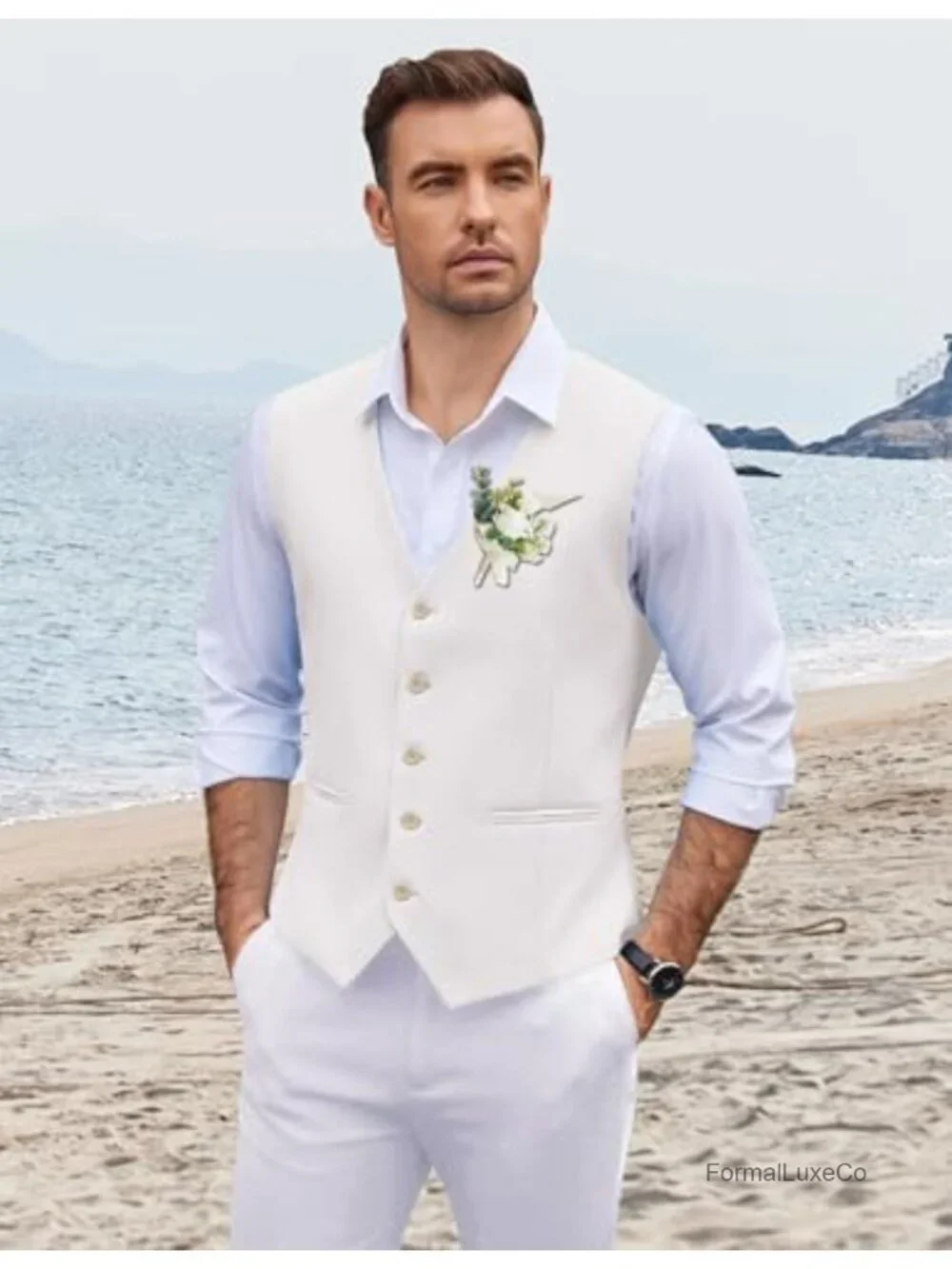 Men's Linen Slim Fit Suit Vest, V-Neck Dress Waistcoat Wedding